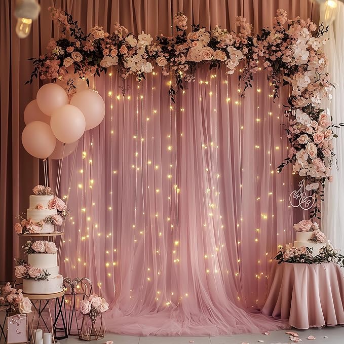 Tulle Backdrop Curtain with Lights String 10FT X 10FT Dusty Rose Sheer Tulle - Image 6