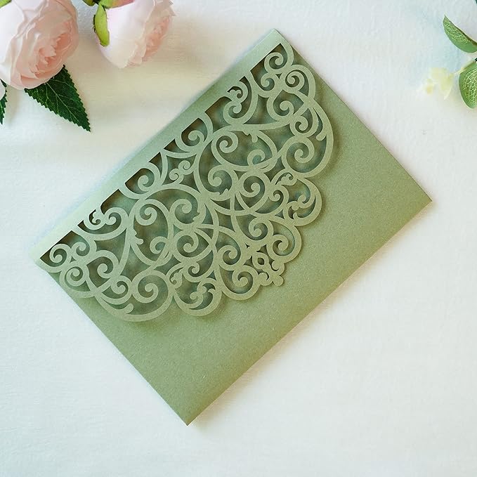 ponatia 5.12 x 7.2 Sage Green Laser Cut Wedding Invitations - Image 8