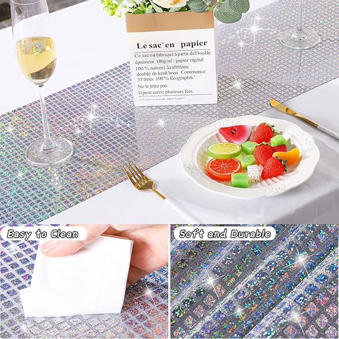 Durony 2 Pack Disco Table Runner 11 x 108 Inch Mirror Silver Laser Glitter Foil - Image 3