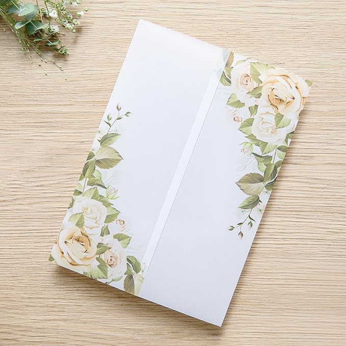 PONATIA 50PCS Vellum Jackets for 5x7 Invitation Cards- 135GSM Champagne Flowers by ponatia