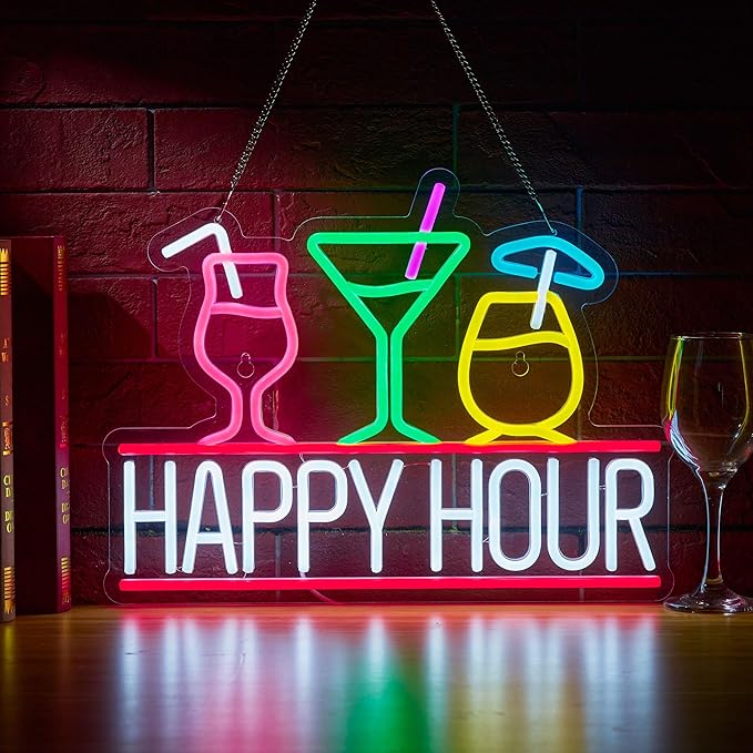 Happy Hour Neon Sign for Wall Decor Beer Bar Signs, USB Powered Dimmable LED by NOENLAND