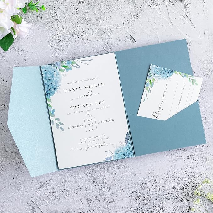 20 Pcs 5.12x7.1'' Sparkle Dusty Blue Tri-fold Laser Cut Wedding Invitation Cards by FEIYI