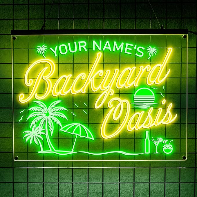 Personalized Backyard Oasis Neon Sign, Custom Tropical LED Wall Light by LULMicaLedSign