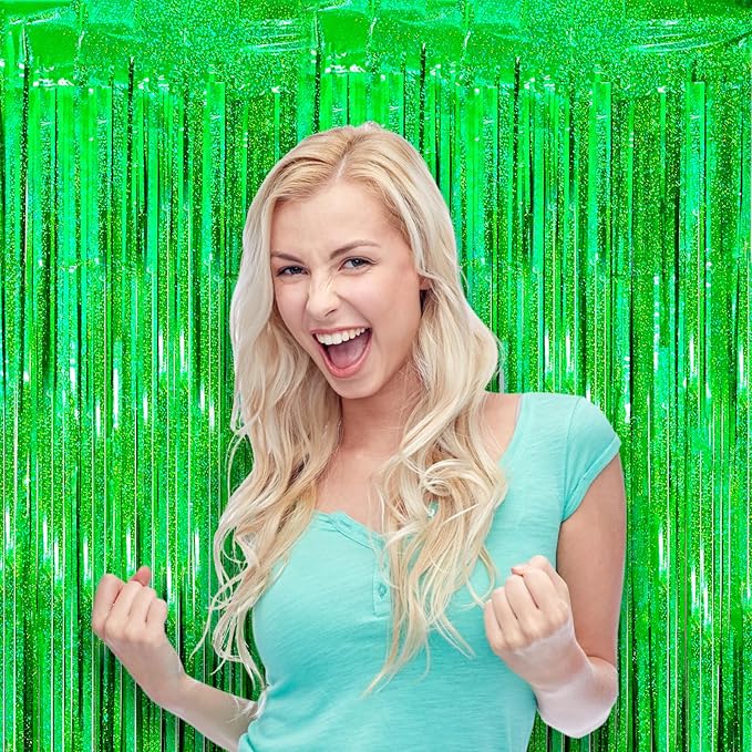 2 Pack Laser Green Tinsel Foil Fringe Curtains, Metallic Tinsel Party Streamers - Image 7