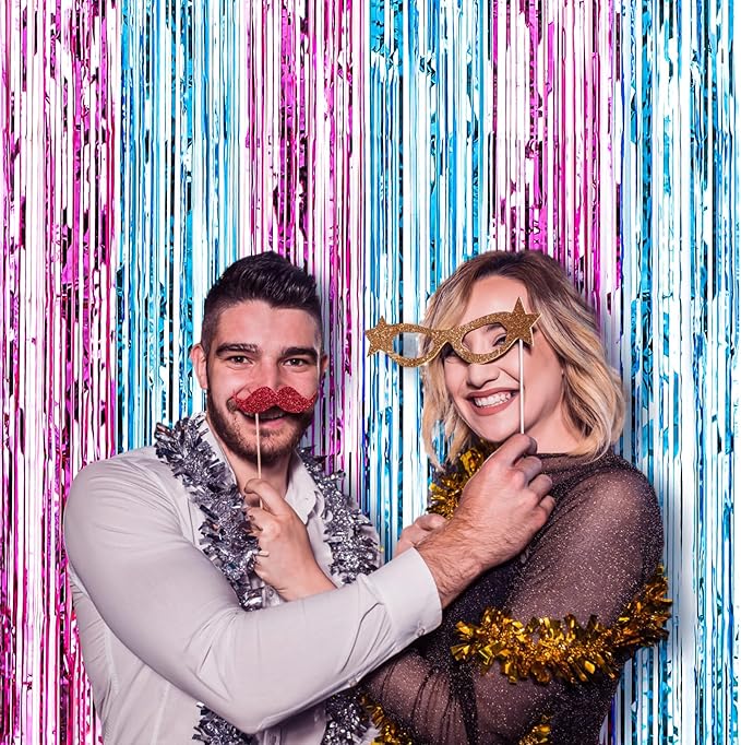 2 Pack 3.3x8.2 Feet Blue and Pink Foil Fringe Backdrop Curtains, Tinsel - Image 7