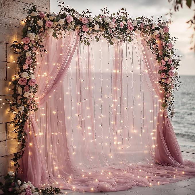 Tulle Backdrop Curtain with Lights String 10FT X 10FT Dusty Rose Sheer Tulle - Image 7