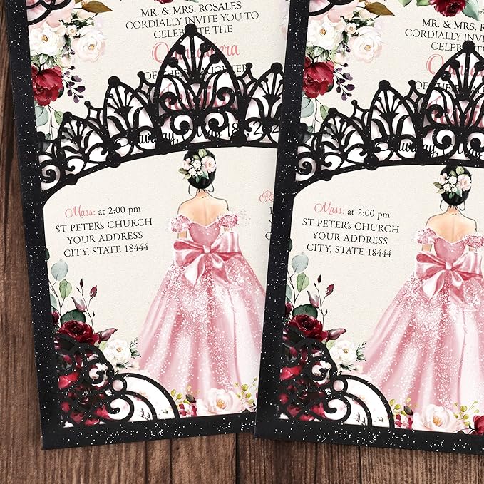 50Pcs Pink Crown Invitations for Quinceanera, 15 year, Sweet 16, Miss XV - Image 3