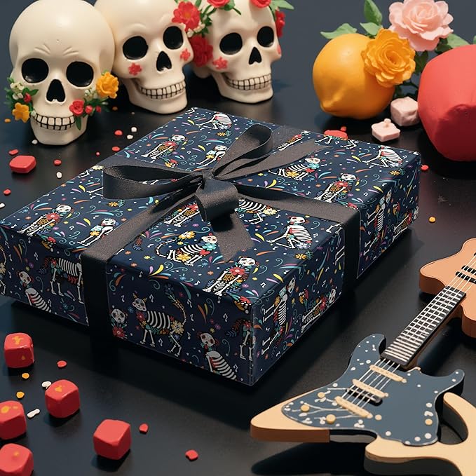 LeZakaa Day of the Dead Wrapping Paper Roll, Colorful Skeleton Dogs Cats - Image 4