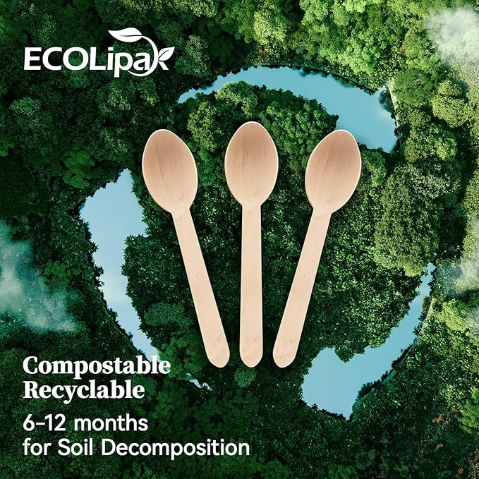 ECOLipak 300 Count Wooden Disposable Spoons, Compostable Wooden Spoons - Image 3