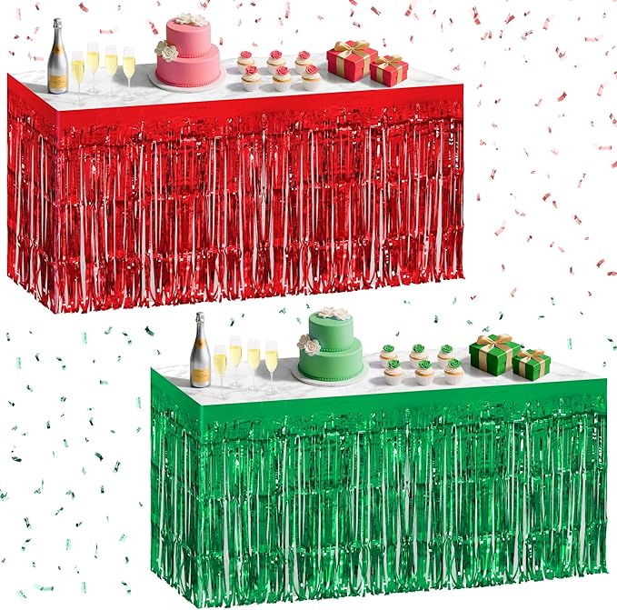 2 Pack Red Green Table Skirts, 29x108" Metallic Foil Tinsel Fringe Table Skirt by Unknown