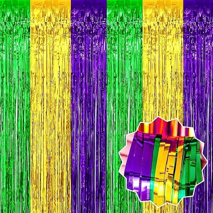 6 Pack Gold Green Purple Foil Fringe Curtains Backdrop, 3.28 x 8.2 Ft Metallic by LANTIANCHEN