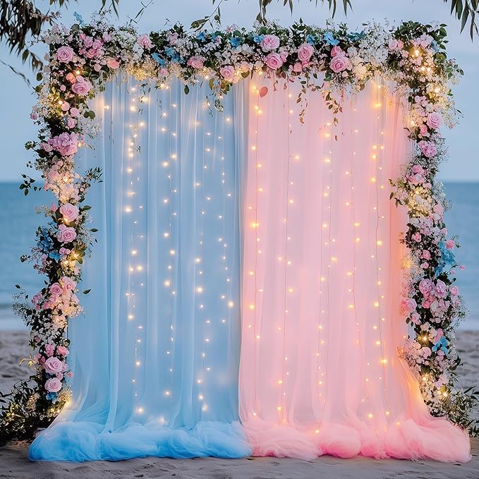 Tulle Backdrop Curtain with Lights String 10FT X 10FT Pink and Blue Sheer Tulle - Image 6