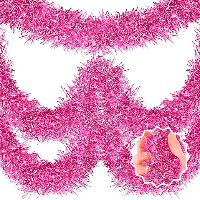 50 Feet Pink Christmas Tinsel Garland, Metallic Foil Twist Banner Wall Hanging by LANTIANCHEN