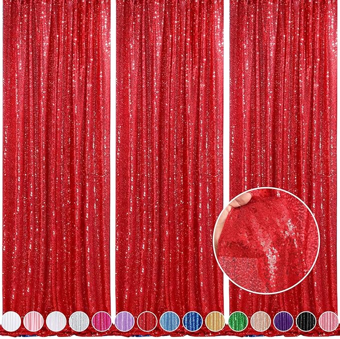 Red Curtains Birthday Sequin Backdrop, 3 Pack 2ft x 8ft Party Photography by QueenDream