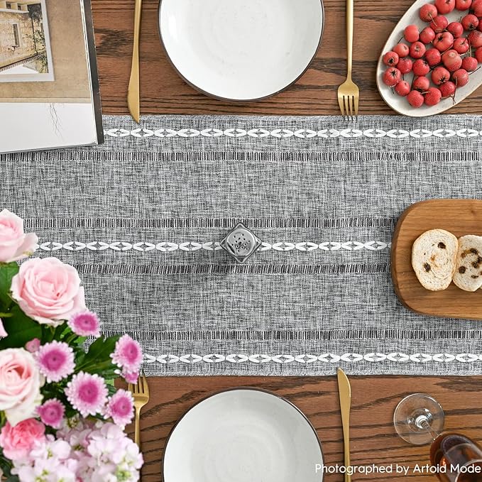 Artoid Mode Dark Grey Rustic Cotton Linen Table Runner, Seasonal Embroidered - Image 3