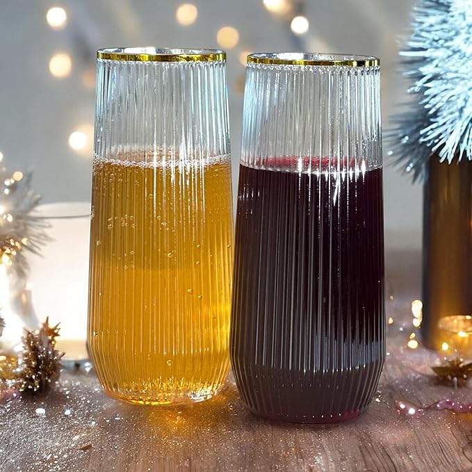 48 Pack Ribbed Origami Ripple Plastic Glasses, 24 9 Ounce Stemless Champagne - Image 6
