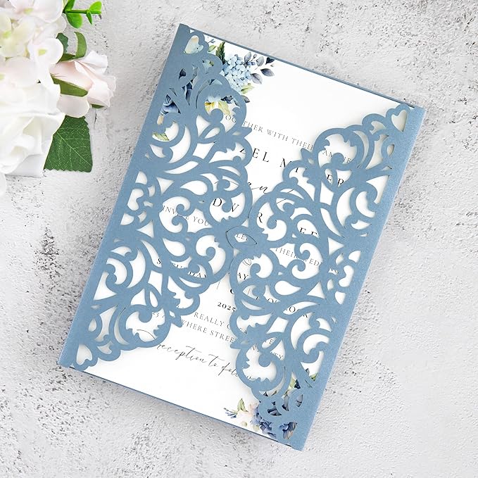 20Pcs Dusty Blue Laser Cut Invitation Cards - Image 3