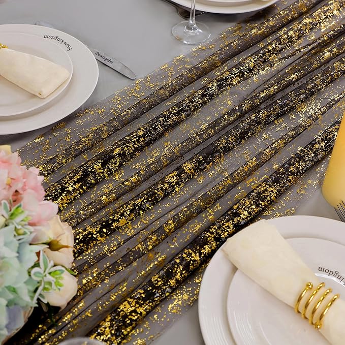 Snowkingdom Black and Gold Cheesecloth Table Runner 10 FT, Sheer Chiffon - Image 5