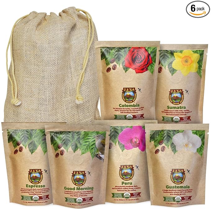 Sampler Variety Pack, Low Acid Organic Coffee Beans in Linen Gift Bag: Whole by JavaPlanetOrganicCoffeeRoasters