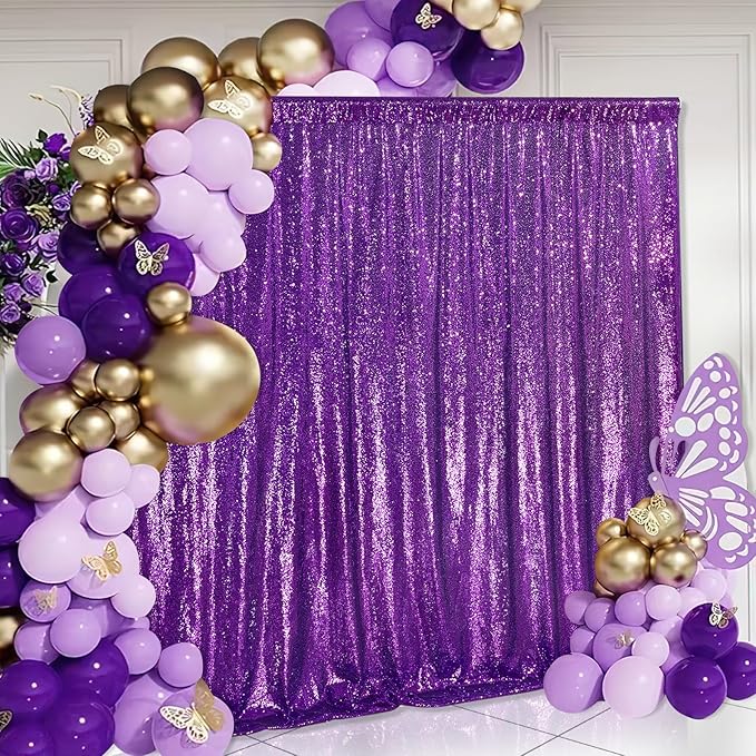 7ft x 7ft Purple Sequin Backdrop Glitter Party Backdrop Curtains Photo - Image 3