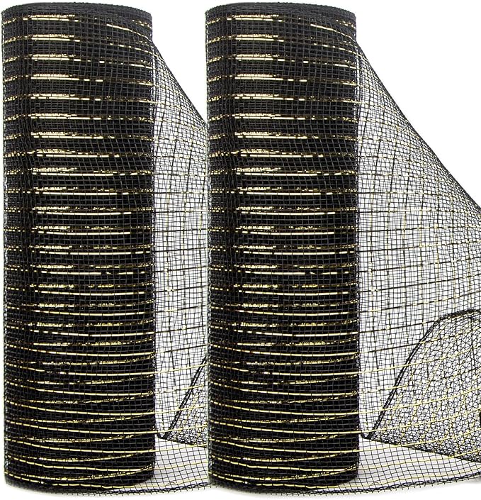 Ribbli 2 Rolls Black Mesh Ribbon, 10 inch x 30 feet Each Roll, Metallic Black by Ribbli