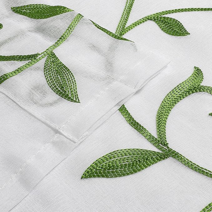 VISIONTEX Embroidered Green Sheer Voile Curtains, Leaves Embroidery Faux Linen - Image 5