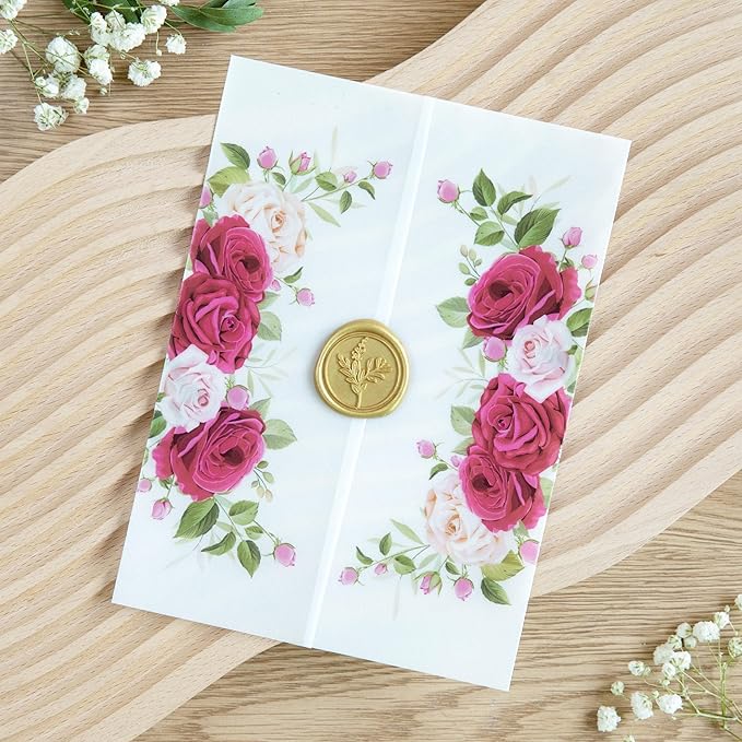 PONATIA 50PCS Vellum Jackets for 5x7 Invitation Cards- 135GSM Fuchsia Flowers - Image 5