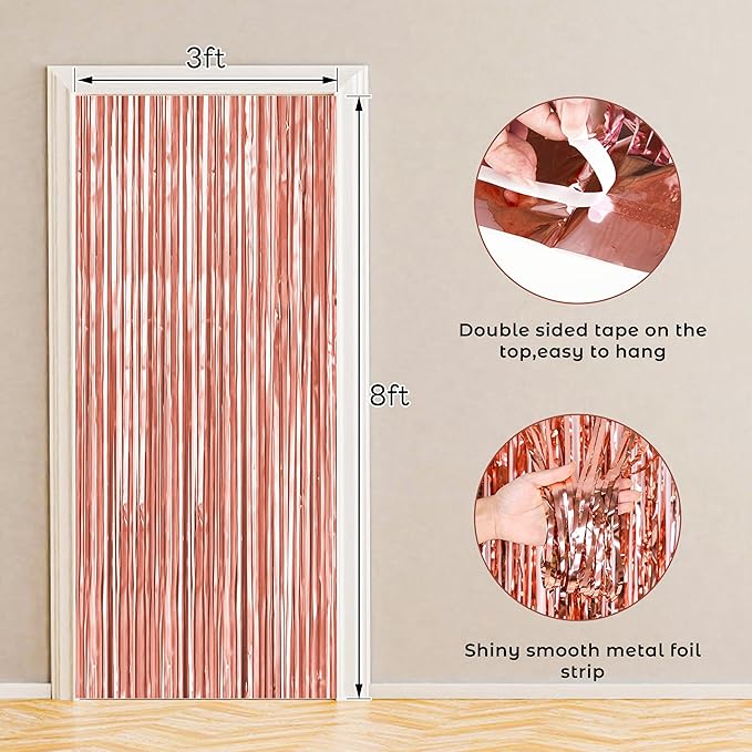 BTSD-home 4 Pack Rose Gold Foil Fringe Curtain, Metallic Photo Booth Backdrop - Image 2