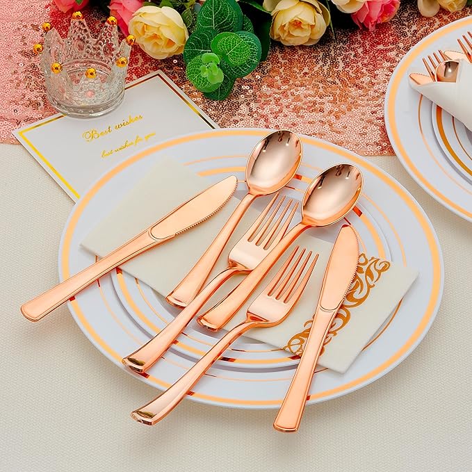 100 Pack Pre Rolled Rose Gold Plastic Silverware Set - Image 6