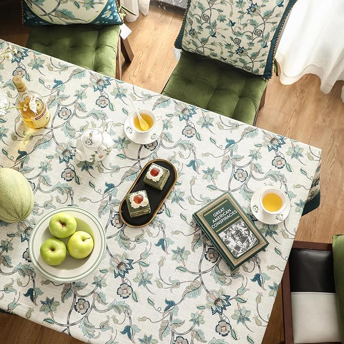 patdrea Designer Green Linen Extra Long Rectangle Tablecloth, Vintage Floral - Image 3
