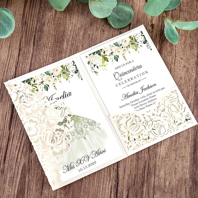 DORIS HOME 50pcs Laser Cut Quinceanera Invitations Green and Ivory White - Image 7
