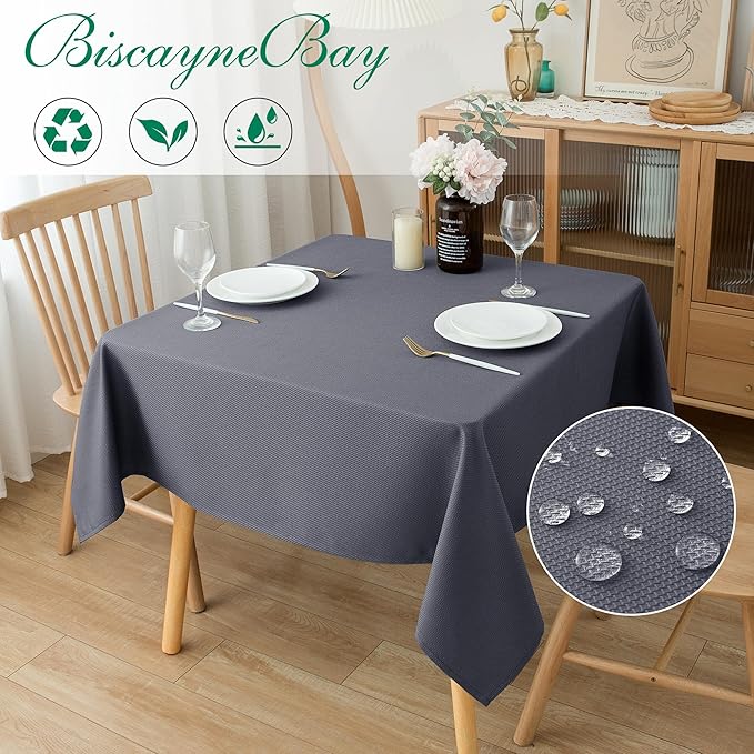 Biscaynebay Textured Fabric Square Tablecloths 70x70 Inches, Dark Grey Water - Image 2