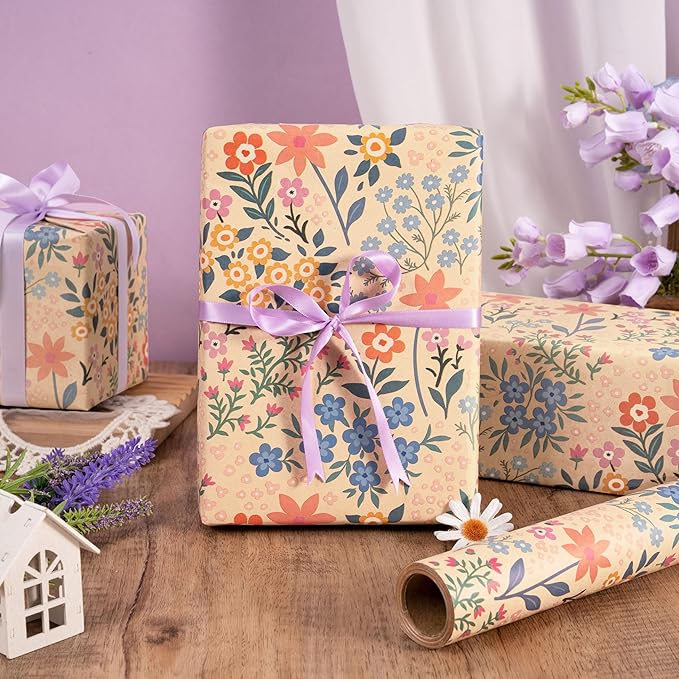 RUSPEPA Kraft Floral Wrapping Paper Roll - Image 4