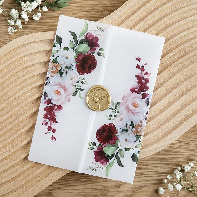 PONATIA 50 PCS Vellum Jackets for 5x7 Invitations- 135gsm Burgundy Floral - Image 5