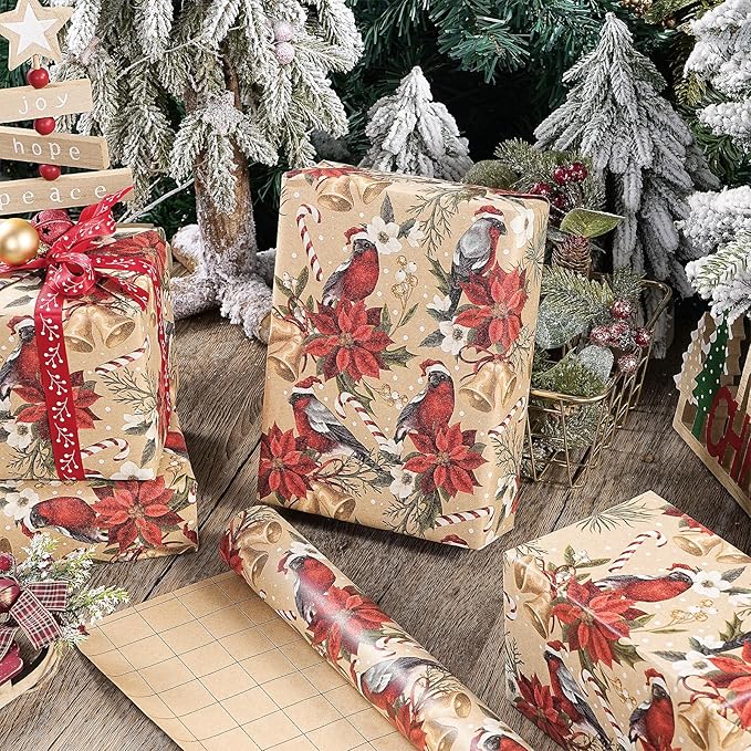 RUSPEPA Kraft Christmas Wrapping Paper Roll, Mini Roll, Cardinal Bird, - Image 6