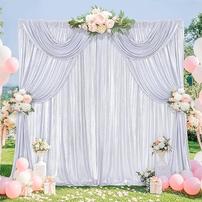 Silver Photo Backdrop 2 Panels 4.8x8FT Long Backdrop Drapes Curatin Glitter - Image 2
