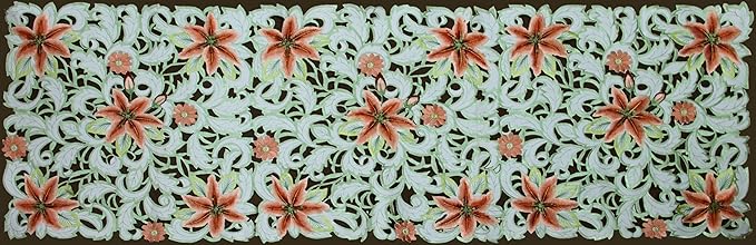 Creative Linens Embroidered Lily Daisy Floral Table Runner 15x52 Ivory Dresser - Image 2