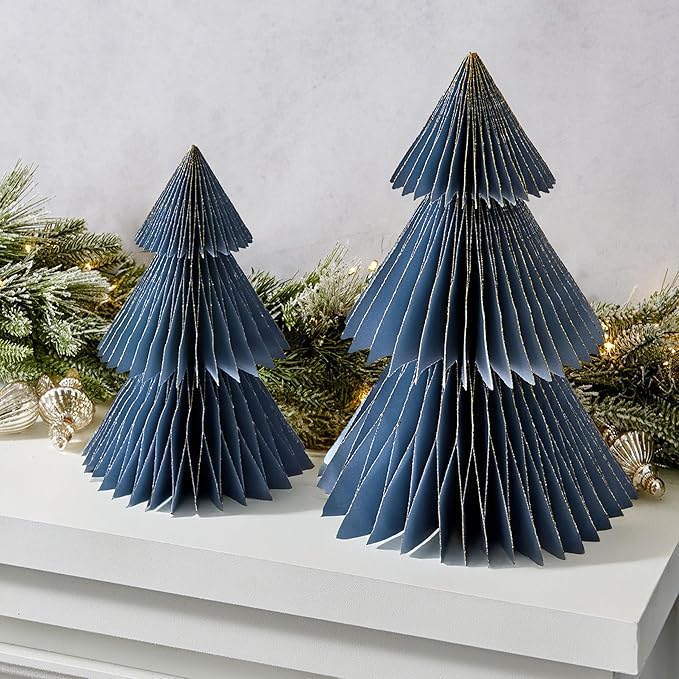 LampLust Winter Ornaments, 2 Pack Dusty Blue Honeycomb Paper Trees, 10 & 12 in by LampLust