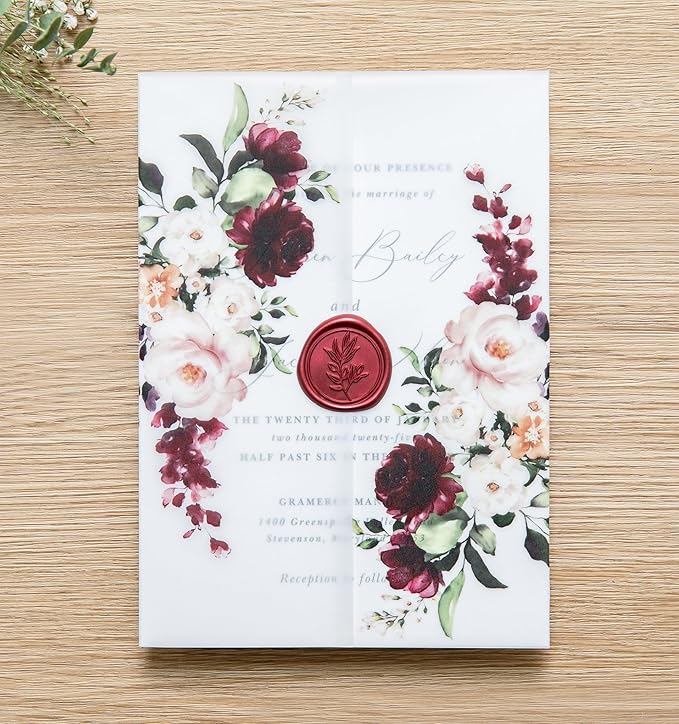 PONATIA 50 PCS Vellum Jackets for 5x7 Invitations- 135gsm Burgundy Floral - Image 8