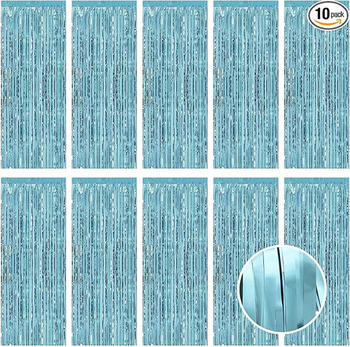 10 Pack Blue Foil Curtain Backdrop 3.2ft x 9.8ft Metallic Tinsel Foil Fringe by Ohiyoo