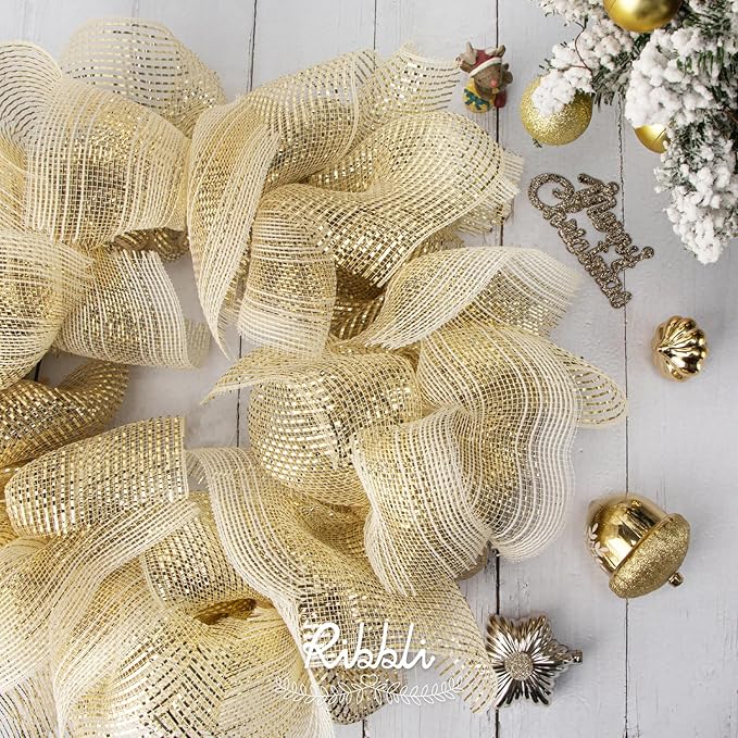 Ribbli 2 Rolls Champagne Gold Metallic Mesh Ribbon Champagne Gold Deluxe Foil - Image 2