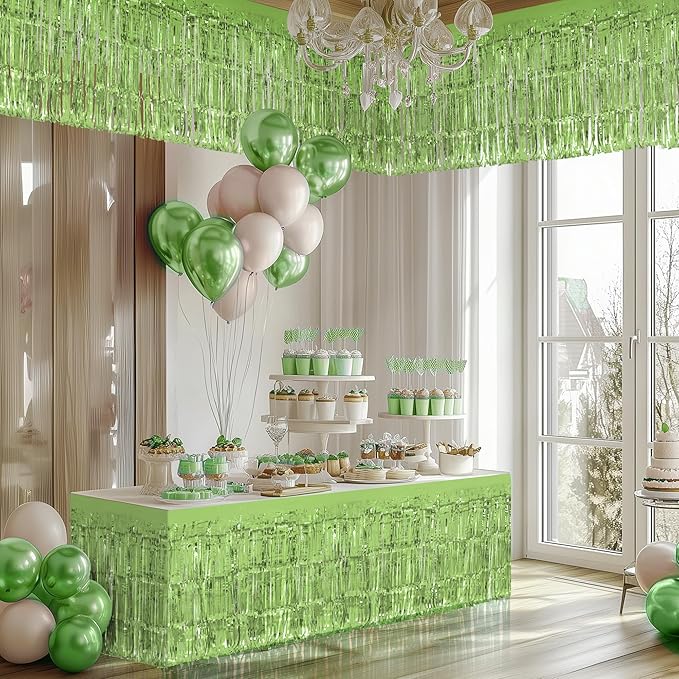 1 Pack Light Green Table Skirts, 29x108" Metallic Foil Tinsel Fringe Table - Image 7