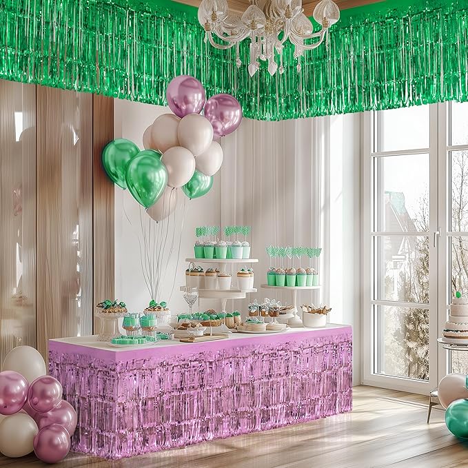 2 Pack Light Pink Green Table Skirts, 29x108" Metallic Foil Tinsel Fringe Table - Image 7