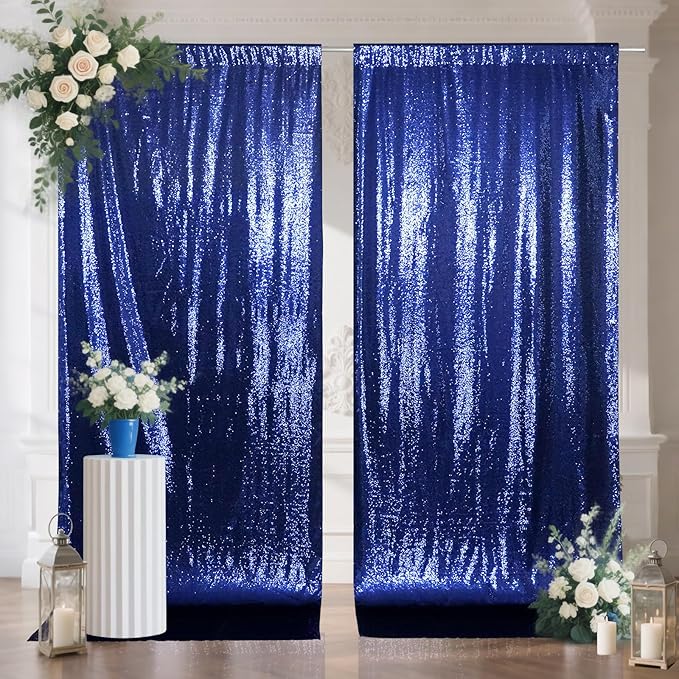 SquarePie Sequin Backdrop Curtain 8FT x 10FT Navy Blue Satin Backing Fabric - Image 9
