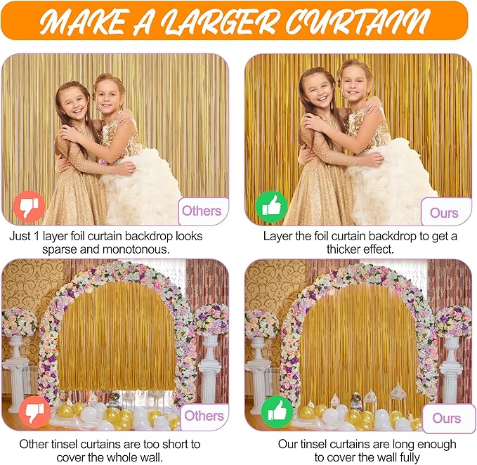 Crosize 2 Pack 3.3 x 9.9 ft Gold Foil Fringe Curtains Party Decorations - Image 5