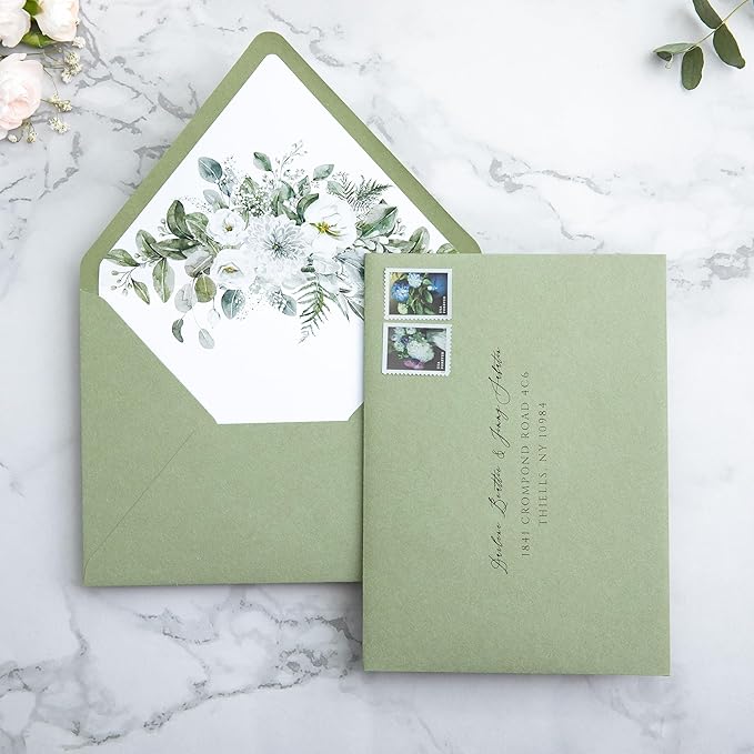 PONATIA 50PCS A7 Euro Flap Envelopes, 5.25 x 7.25'' Sage Green Flowers Liner - Image 3