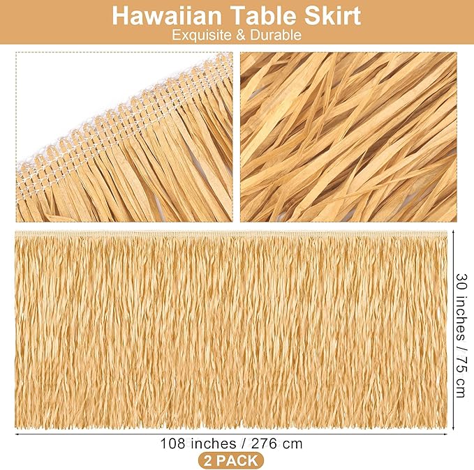 Fovths 2 Packs Luau Grass Table Skirt Fringe Dark Straw Grass Skirt 108 x 30 - Image 2