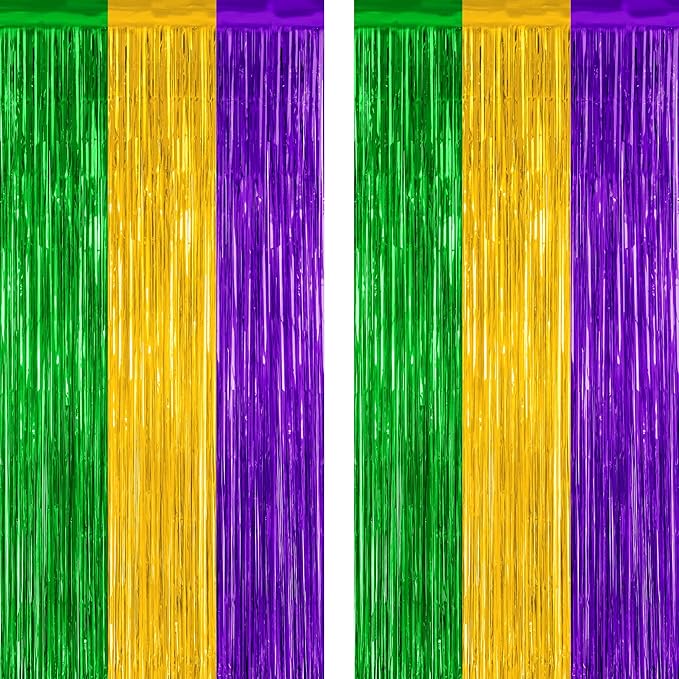 2 Pack Mardi Gras Tinsel Backdrop, 3.28 FT x 7.05 FT Metallic Fringe Curtain by ZATAYE