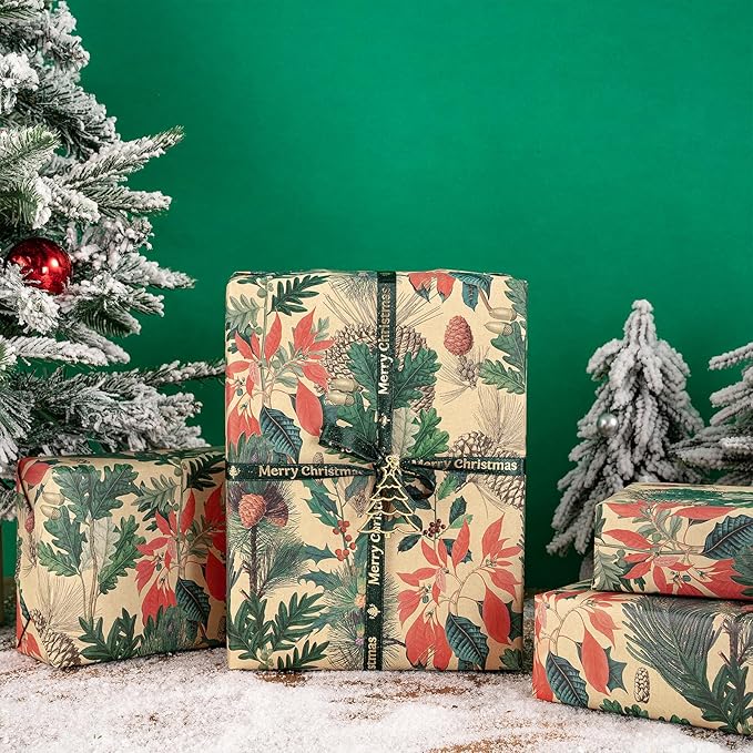 RUSPEPA Kraft Christmas Wrapping Paper Roll, Mini Roll, Watercolor Winter - Image 3