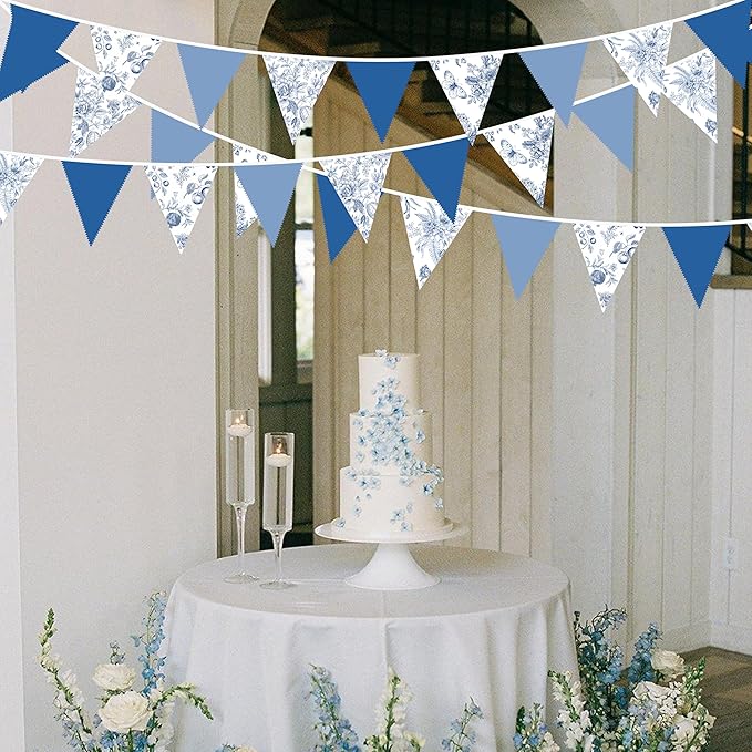 32Ft Blue Floral Party Decorations Vintage Blue White Flower Pennant Banner - Image 4